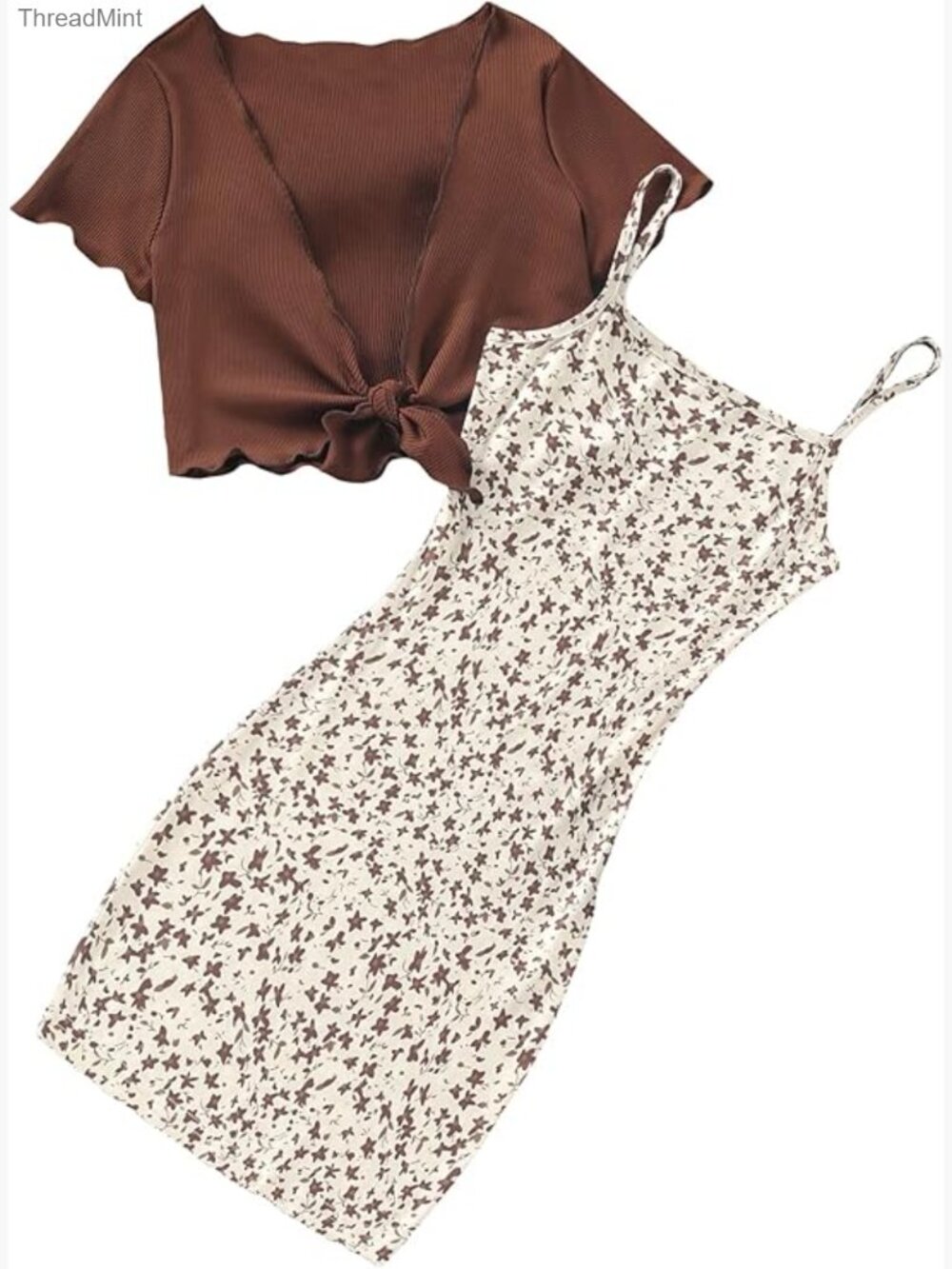 Girls 2 Piece Outfit Set Floral Print Cami Dress and Tie Front Top